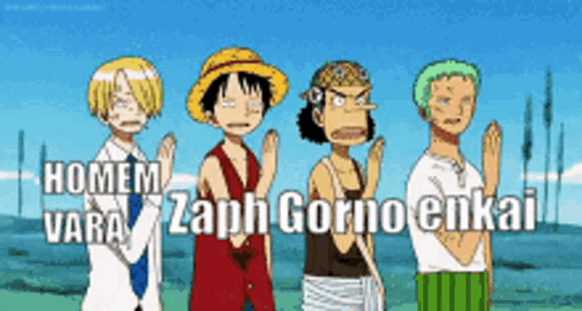 a group of cartoon characters are standing next to each other with the words homem zaph gorno enkai written on the bottom