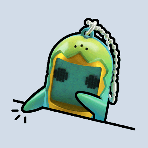 a cartoon drawing of a green and yellow item with a chain around it