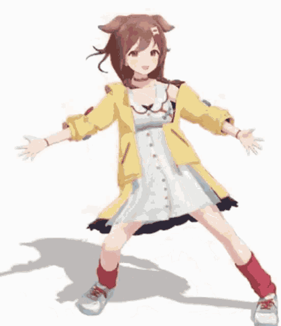 a girl in a yellow jacket and a white dress is dancing with her arms outstretched .