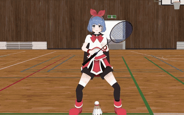 a cartoon girl is holding a badminton racket and a badminton shuttlecock on a wooden court