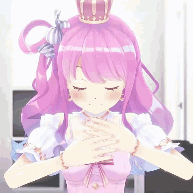 a pink haired anime girl with a crown on her head is holding a stack of cards