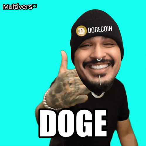 a man wearing a dogecoin beanie giving a thumbs up sign