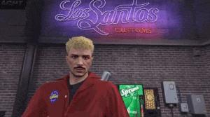 a man in a red jacket with a patch that says ' los santos custom ' on it