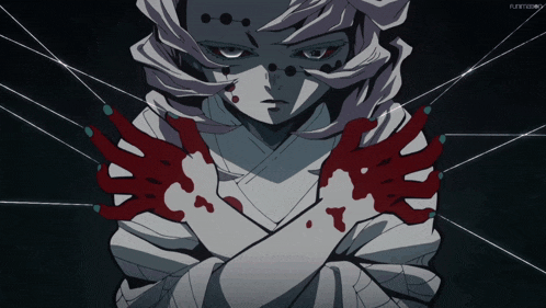 a cartoon of a person with blood on their hands and the word funimation on the bottom right