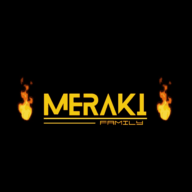 a logo for meraki family with flames behind it