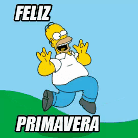 a cartoon of homer simpson running on a hill with the words feliz primavera written below him