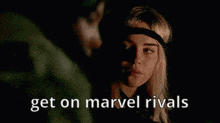 a couple of women standing next to each other with the words get on marvel rivals written on the bottom