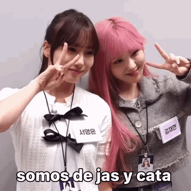 two girls with pink hair are posing for a picture with the words somos de jas y cata below them