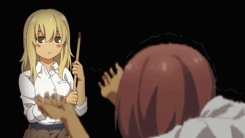 a girl with blonde hair holds a broom in her hand