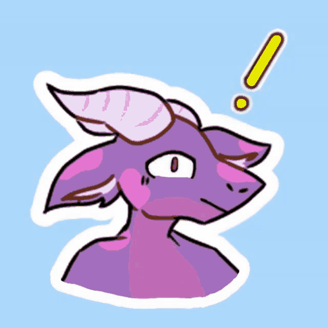 a drawing of a purple dragon with a yellow exclamation mark above its head