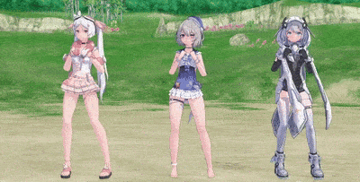 three anime girls are standing next to each other on a dirt field