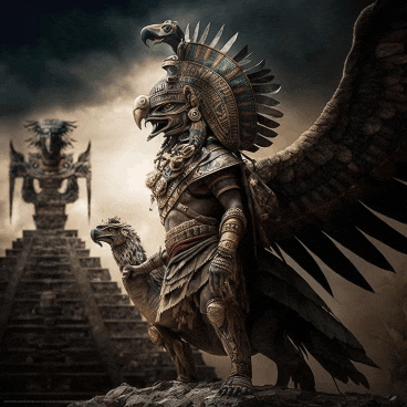 a statue of a man with wings and a bird on his head with a pyramid in the background