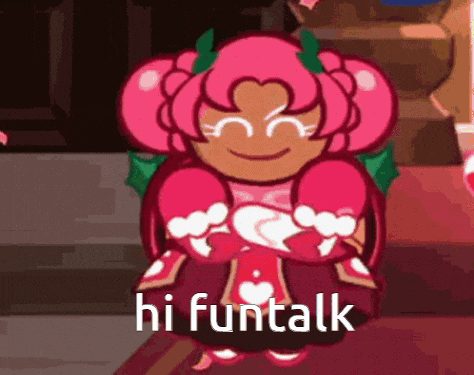 a cookie from a video game says `` hi funtalk '' while standing on a floor .