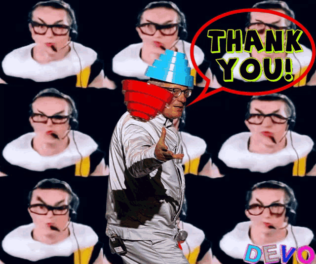 a man with a bucket on his head and a speech bubble saying thank you