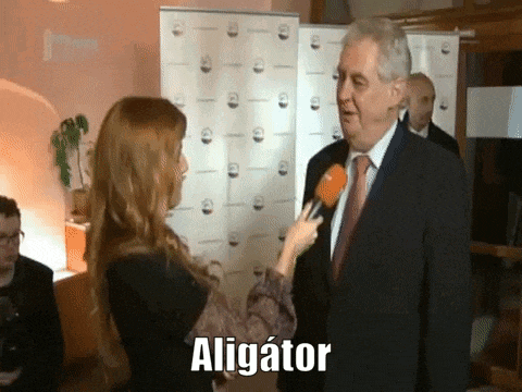 a man in a suit and tie is being interviewed by a woman with the word alligator on the bottom