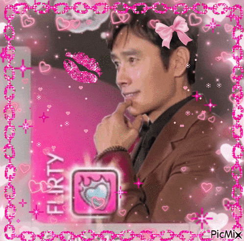 a picture of a man with a pink bow on his head is surrounded by hearts and says flirty