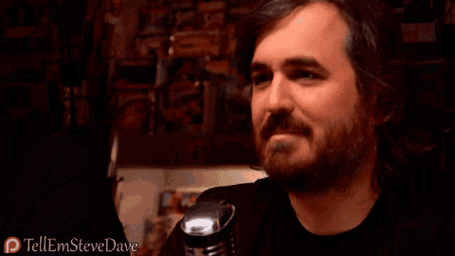 a man with a beard is sitting in front of a microphone with the words tellemsteve dave on the bottom right