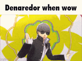 a man wearing sunglasses is dancing in front of a yellow background that says denaredor when wow