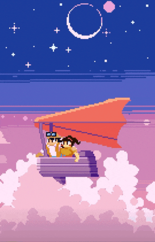 a pixel art drawing of a couple flying in a hot air balloon
