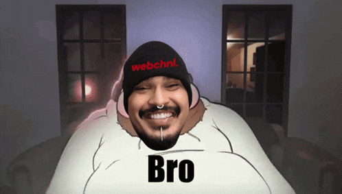 a cartoon of a man wearing a webchnl hat says bro