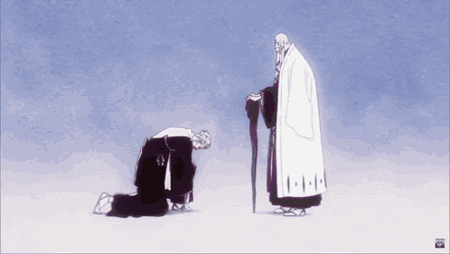 a man in a white robe is kneeling down next to another man with a cane