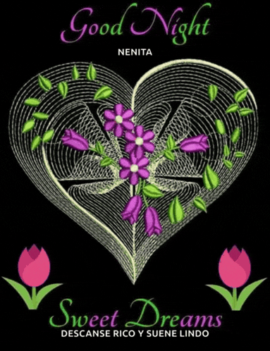 a heart with purple flowers and green leaves on a black background