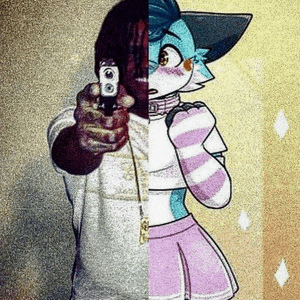 a man is pointing a gun at a cartoon character .