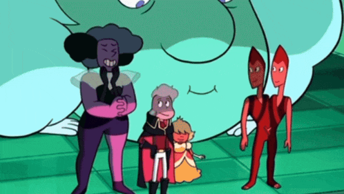 a group of cartoon characters standing next to each other on a green tile floor