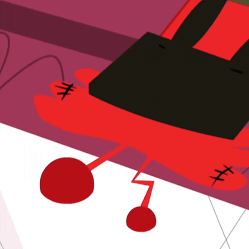 a cartoon drawing of a red object with black stitching on it