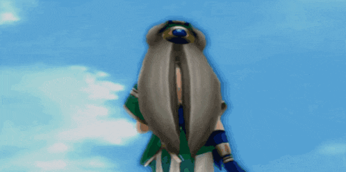 a woman with a ponytail is standing in front of a blue sky with clouds