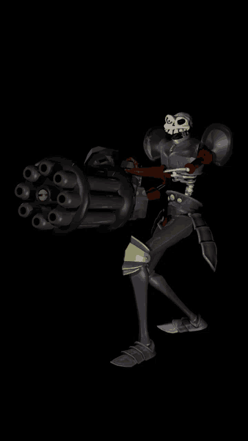 a skeleton in armor is holding a cannon and a sword