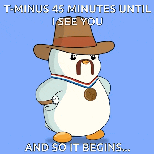 a cartoon of a penguin wearing a cowboy hat and a medal that says t minus 45 minutes until i see you