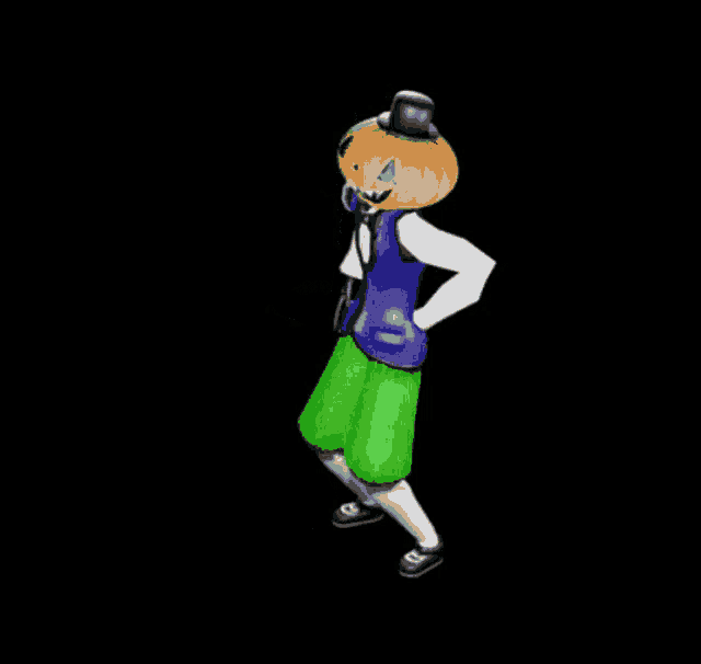 a man with a pumpkin on his head is dancing on a black background .