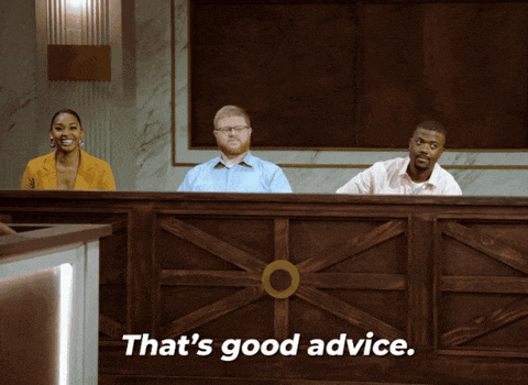 a group of people sitting behind a wooden counter with the words that 's good advice below them