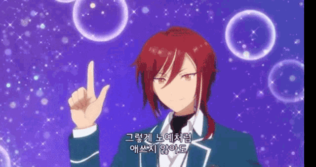 a red haired anime character with bubbles around him