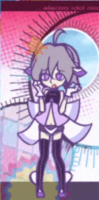 a drawing of a girl in a purple and white outfit with the words electro idol next to her