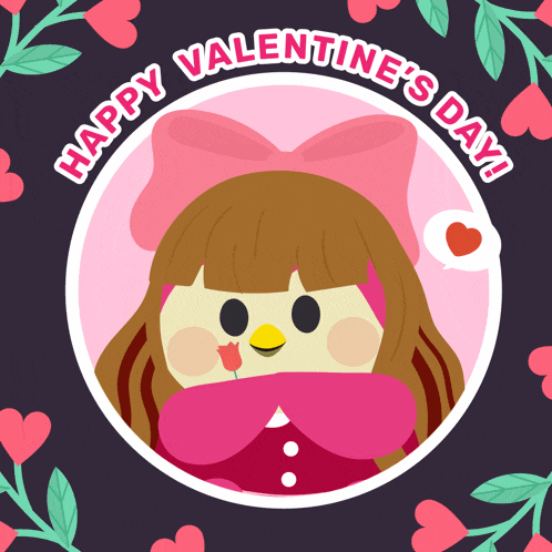 a valentine 's day greeting card with a girl and hearts