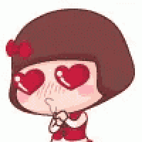 a cartoon girl with heart shaped eyes and a red dress .