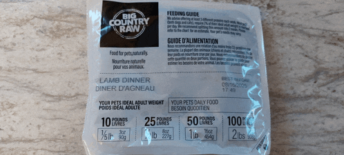 a bag of big country raw lamb dinner is on a table