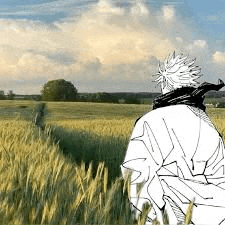 a black and white drawing of a man standing in a wheat field .