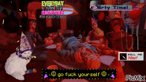 a picture of a group of people at a party with the words go fuck yourself on the bottom