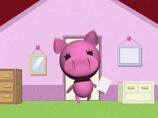 a cartoon pig is holding a piece of paper in front of a door