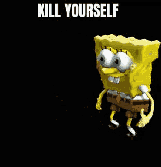 spongebob squarepants is walking on a black background with the words `` kill yourself '' .