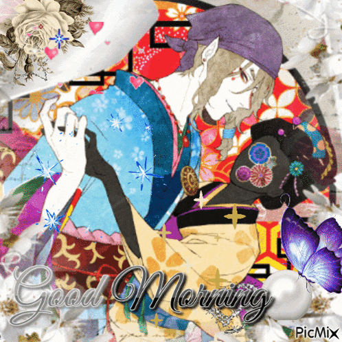 a picture of a man in a kimono with the words good morning on the bottom