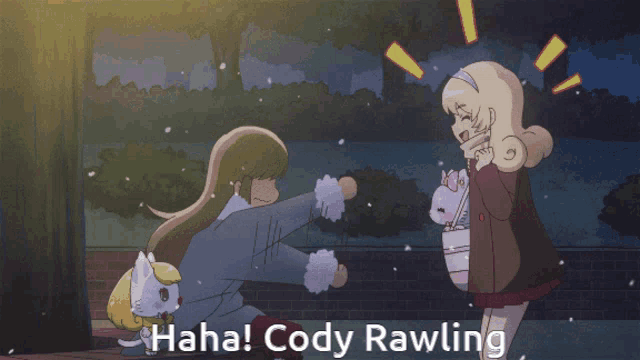 a cartoon of two girls and a cat with the words " haha cody rawling " on the bottom