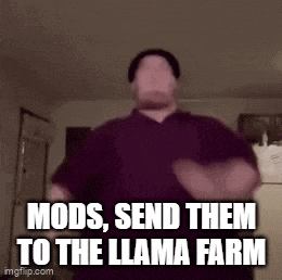 a man is dancing in a room with the words `` mods , send them to the llama farm '' written on it .