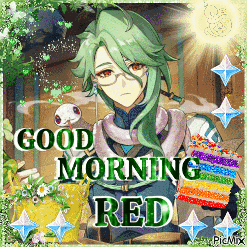 a picture of a man with green hair holding a rainbow cake that says good morning red on it