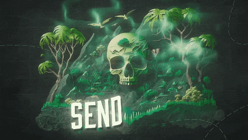 a poster with a skull and trees and the words send help