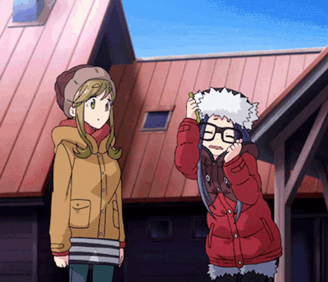 two anime girls are standing in front of a wooden building