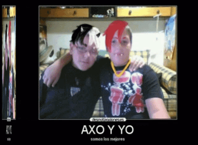 a picture of two people with the words " axo y yo " on the bottom